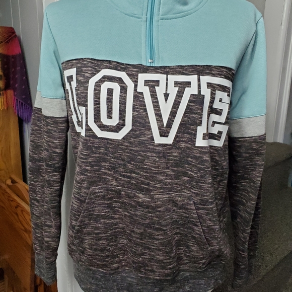 TEAL, WHITE, & BLACK & BROWN BLENDED PULLOVER "LOVE" 1/4 ZIP PULLOVER SWEATSHIRT - Picture 3 of 15